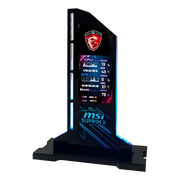 Écran MSI Suprim X noir avec cadre LED bleu et logo dragon rouge illuminé