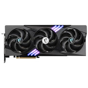 Carte graphique MSI GeForce RTX 5070 Ti GAMING TRIO OC PLUS noire à 3 ventilateurs et LED violettes