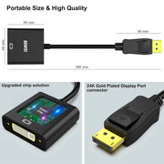 Adaptateur DisplayPort vers DVI Black Benefit, connecteur 24k or, puce smart