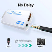 Adaptateur Wii vers HDMI blanc avec jack audio 3,5 mm doré et port HDMI 1080p