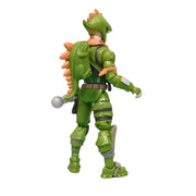 Figurine Fortnite Jonesy dinosaure vert avec épines orange et arme argentée