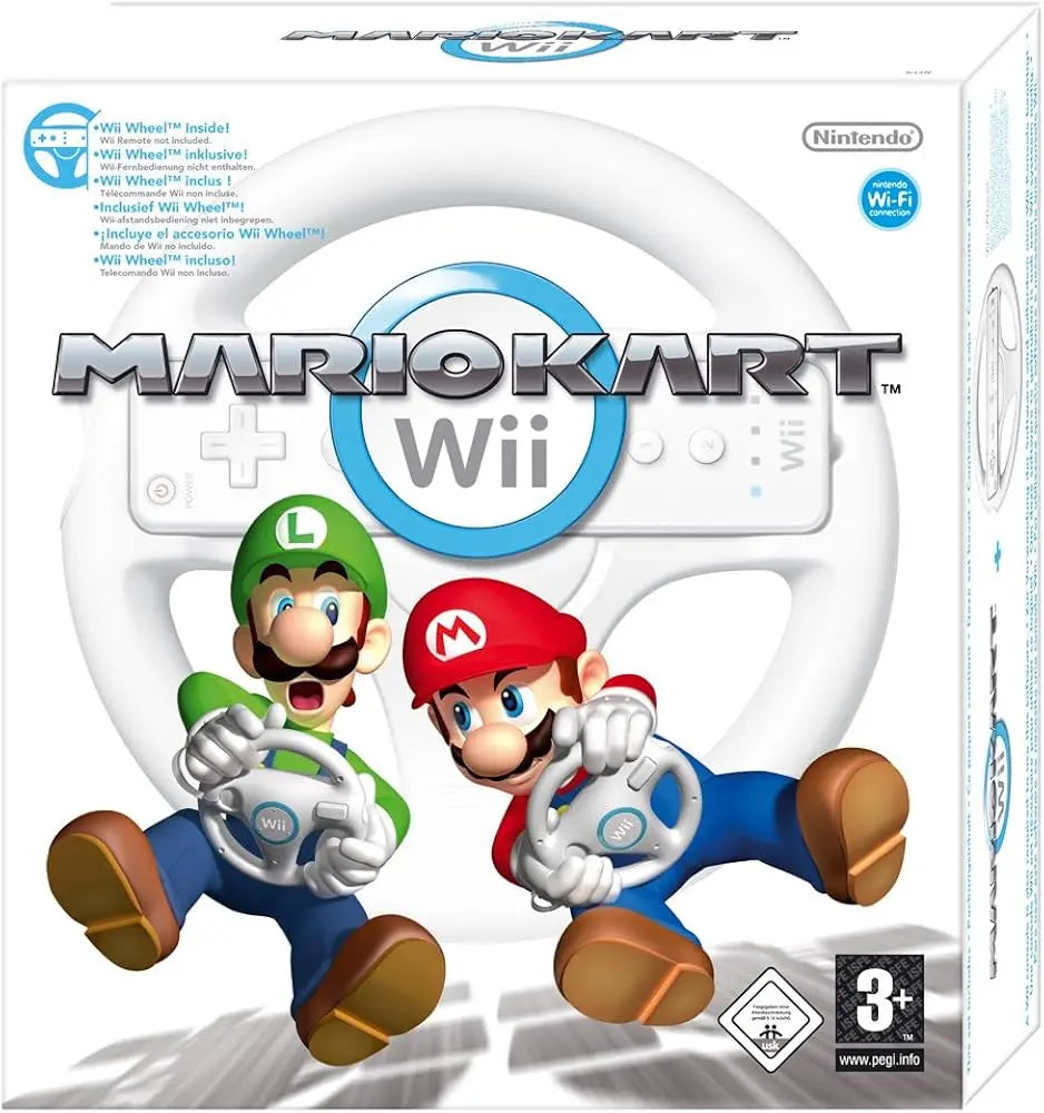 Boîte Mario Kart Wii blanche avec volant, Mario et Luigi au volant
