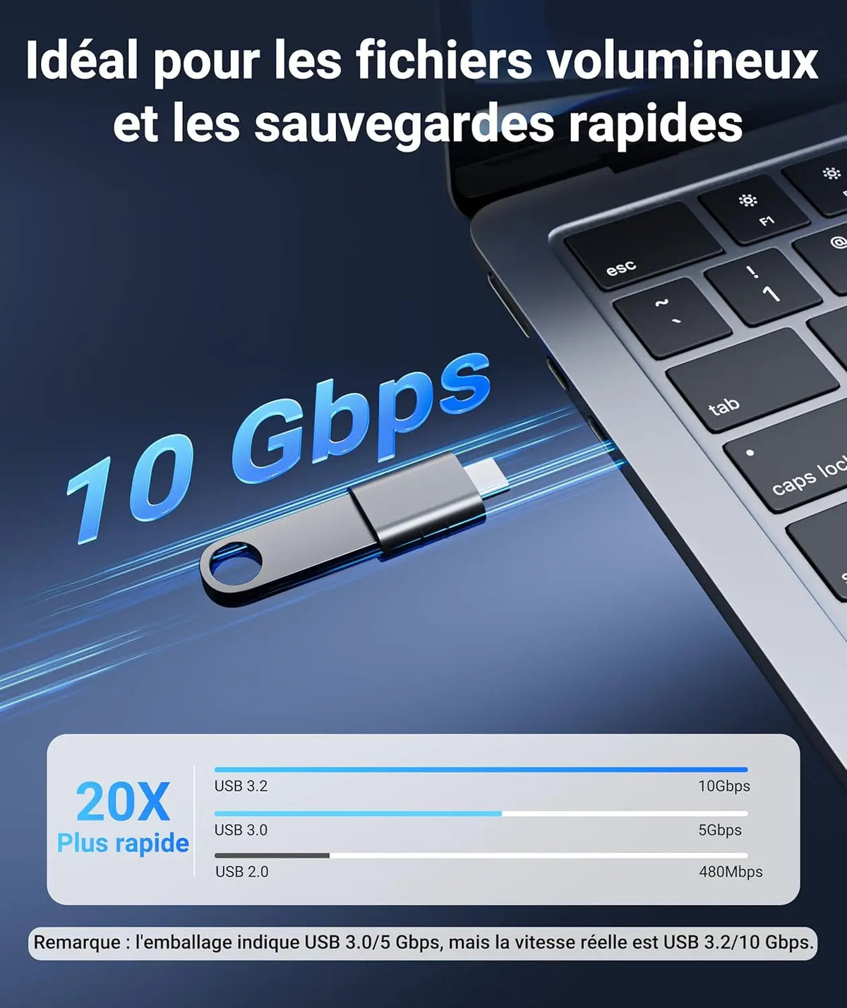 Clé USB 3.2 argentée slim avec boucle porte-clés, adaptateur USB femelle vers USB-C