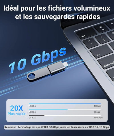 Clé USB 3.2 argentée slim avec boucle porte-clés, adaptateur USB femelle vers USB-C