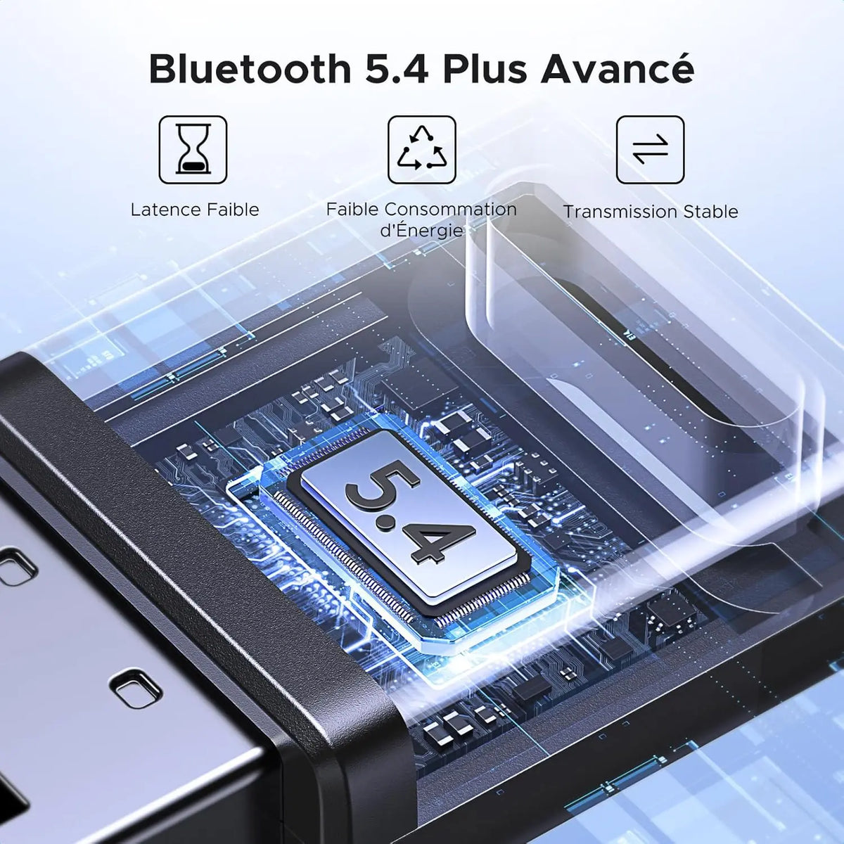 Clé Bluetooth Ugreen avec puce Bluetooth 5.4 avancée noire argentée et circuits bleus luminescents