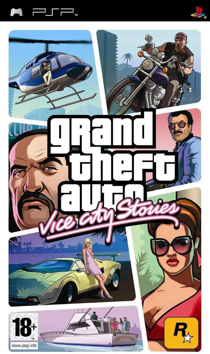 Coque Grand Theft Auto Vice City Stories PSP avec hélico bleu, moto et voiture jaune