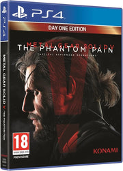 Coffret PS4 Day One édition Metal Gear Solid V: The Phantom Pain, portrait saisissant en tons rouge et noir sur plastique bleu brillant