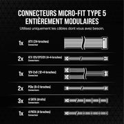 Schéma noir et blanc des connecteurs modulaires micro-fit type 5 Corsair RM750e 2025 blanc