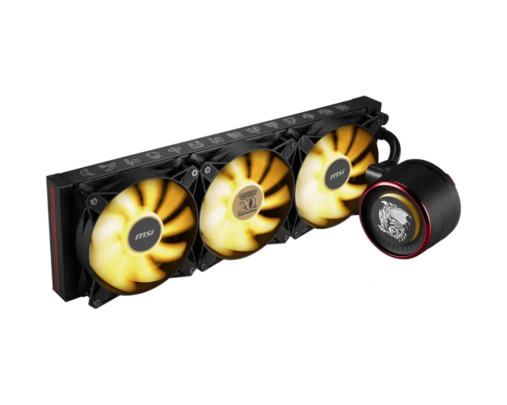 MSI MAG CoreLiquid E360 Monster Hunter Edition : boucle liquide triple ventilateurs LED jaunes