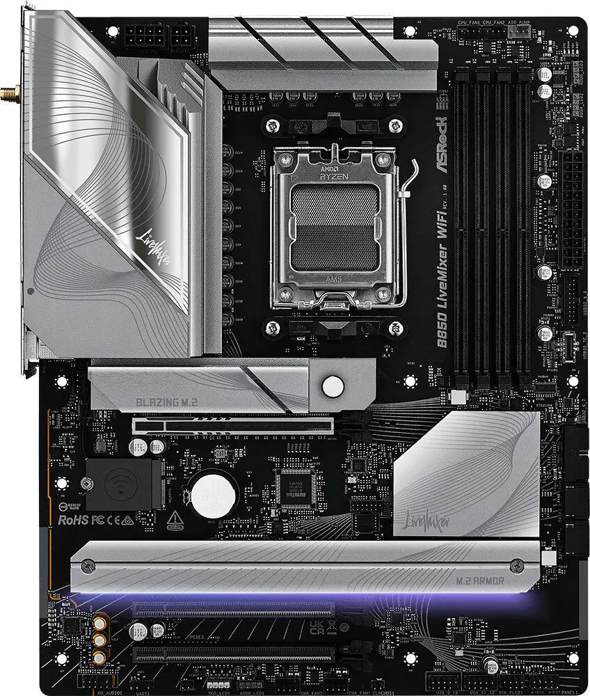 Carte mère ASRock B860 LiveMixer WiFi argent et noir design angulaire