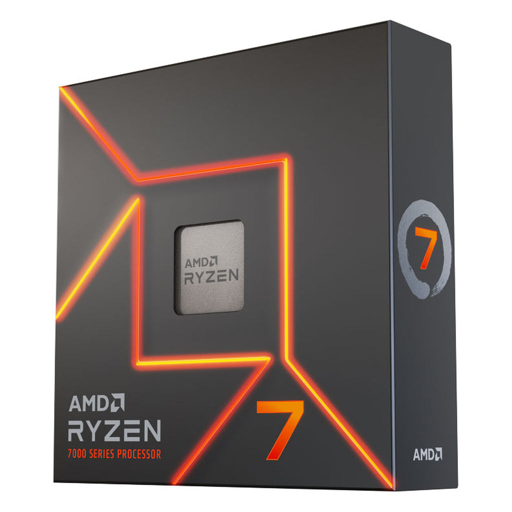Boîtier processeur AMD Ryzen 7 7700X noir avec lignes géométriques orange néon et découpe révélant puce argentée