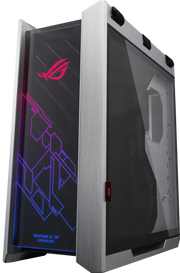 Cohabitation arrière ASUS ROG Strix Helios RGB NOIR argent/noir, panneau transparent, logo ROG rouge lumineux, néons bleu/violet