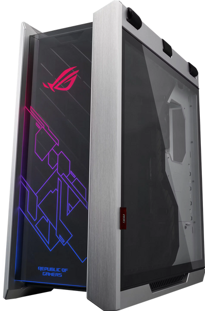 Cohabitation arrière ASUS ROG Strix Helios RGB NOIR argent/noir, panneau transparent, logo ROG rouge lumineux, néons bleu/violet