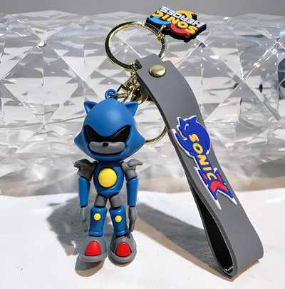 Porte-clés Metal Sonic robot bleu-gris avec accents jaunes et sangle silicone grise
