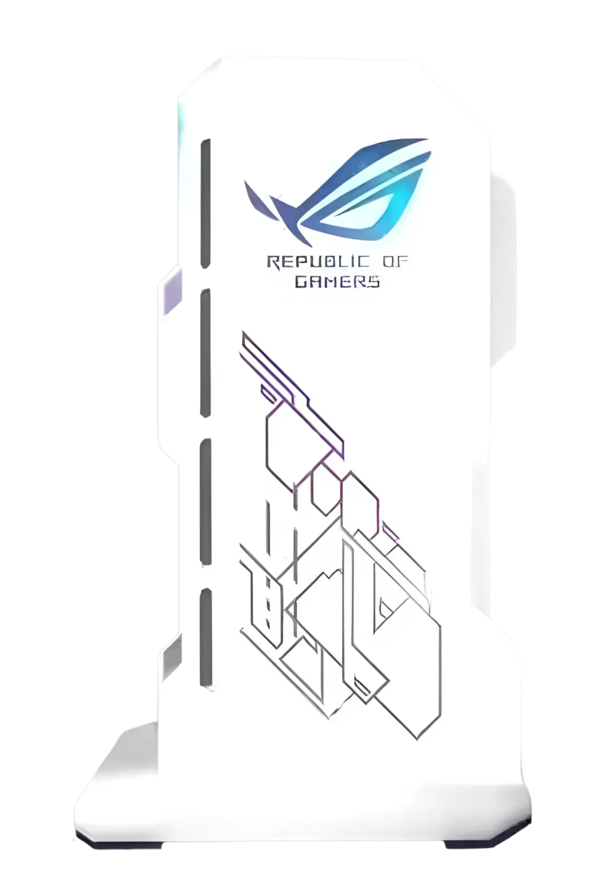 Tour ASUS ROG blanc avec logo bleu, design angulaire sleek