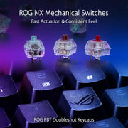 Interrupteurs mécaniques transparents cyan, cuivre et rouge sur clavier ASUS ROG Strix Flare II Animate Bluetooth sombre