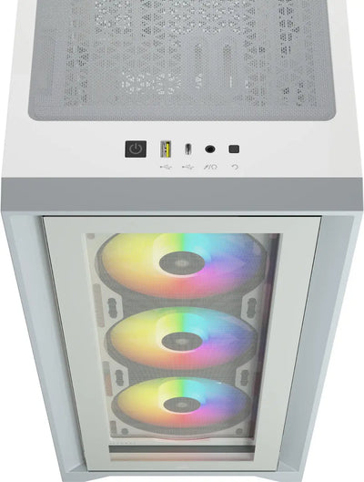 Boîtier PC Corsair iCUE 4000X RGB Blanc avec panneau avant transparent et 3 ventilateurs arc-en-ciel