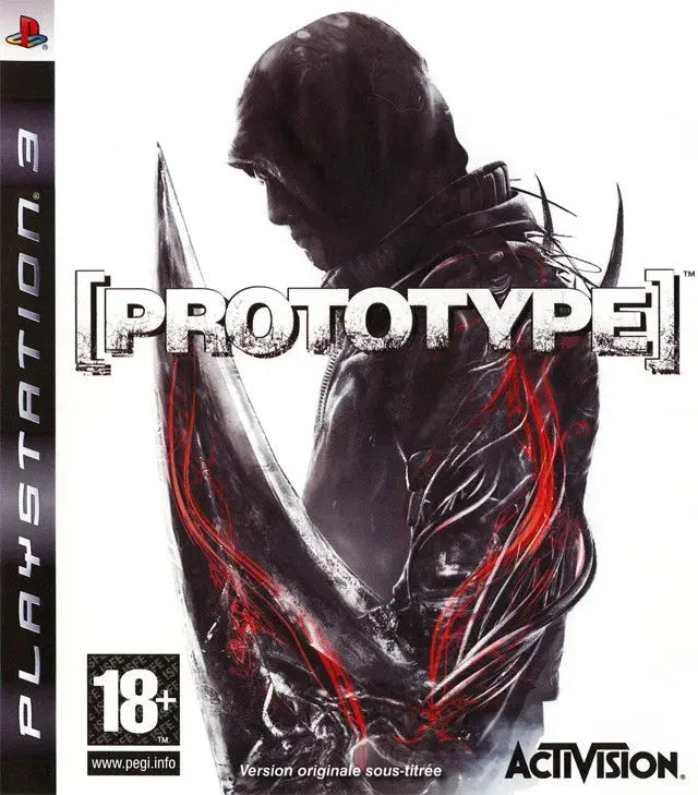 Couverture Prototype PS3 : figure encapuchonnée aux veines rouges et lame