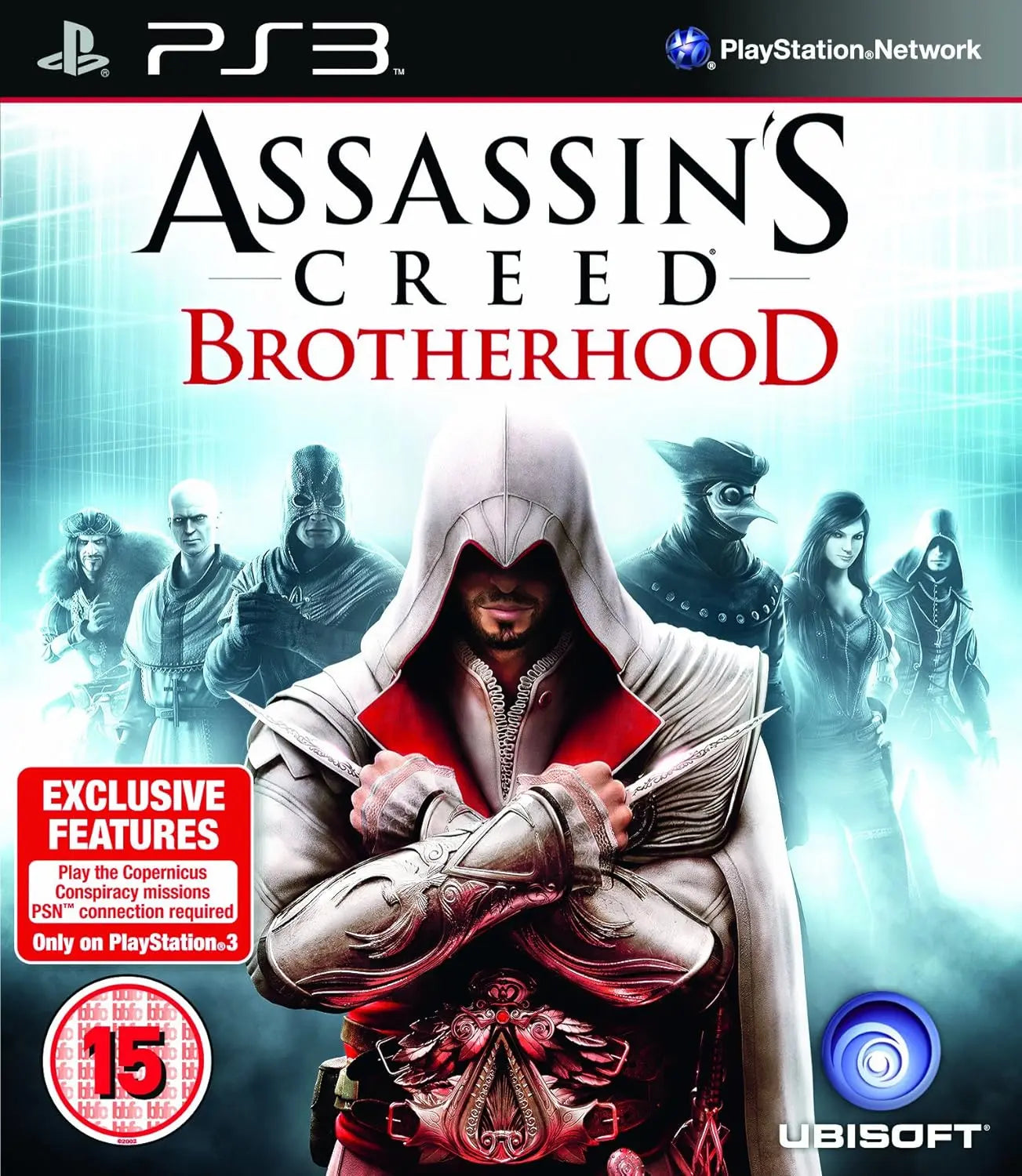 Assassins Creed Brotherhood PS3 : personnage en capuche blanche et rouge avec armure argentée