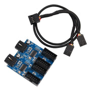 Adaptateur USB splitter 9 broches double : circuit bleu avec connecteurs noirs et câble enroulé