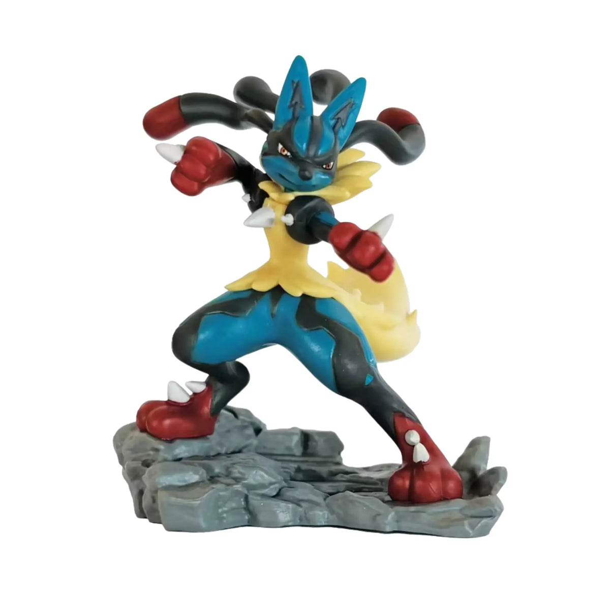 Figurine Lucario Méga-Évolution bleu et noir avec poings rouges sur base rocheuse, Coffret Pokémon JCC