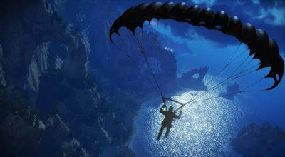 Parachute sombre segmenté à canopy courbé au-dessus de locéan bleu scintillant, Just Cause 3 PS4