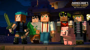 Cochon rose pixelisé avec personnages dans Minecraft Story Mode PS4