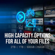Icônes néon bleues play, manette et cadre flottent sur pub stockage PNY CS1030 500GB M.2 1100MB/s
