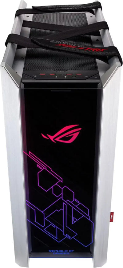 Tour ASUS ROG Strix Helios RGB NOIR argent et noir avec logo ROG rouge et motifs violets