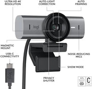 Webcam Logitech MX Brio 4K argent avec lentille noire et fixation magnétique