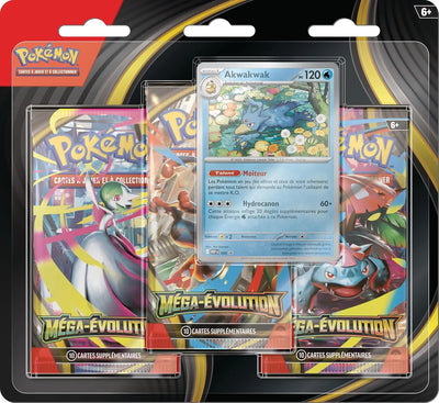 Pack Pokémon JCC Tripack Méga-Évolution Akwakwak bleu et artwork coloré