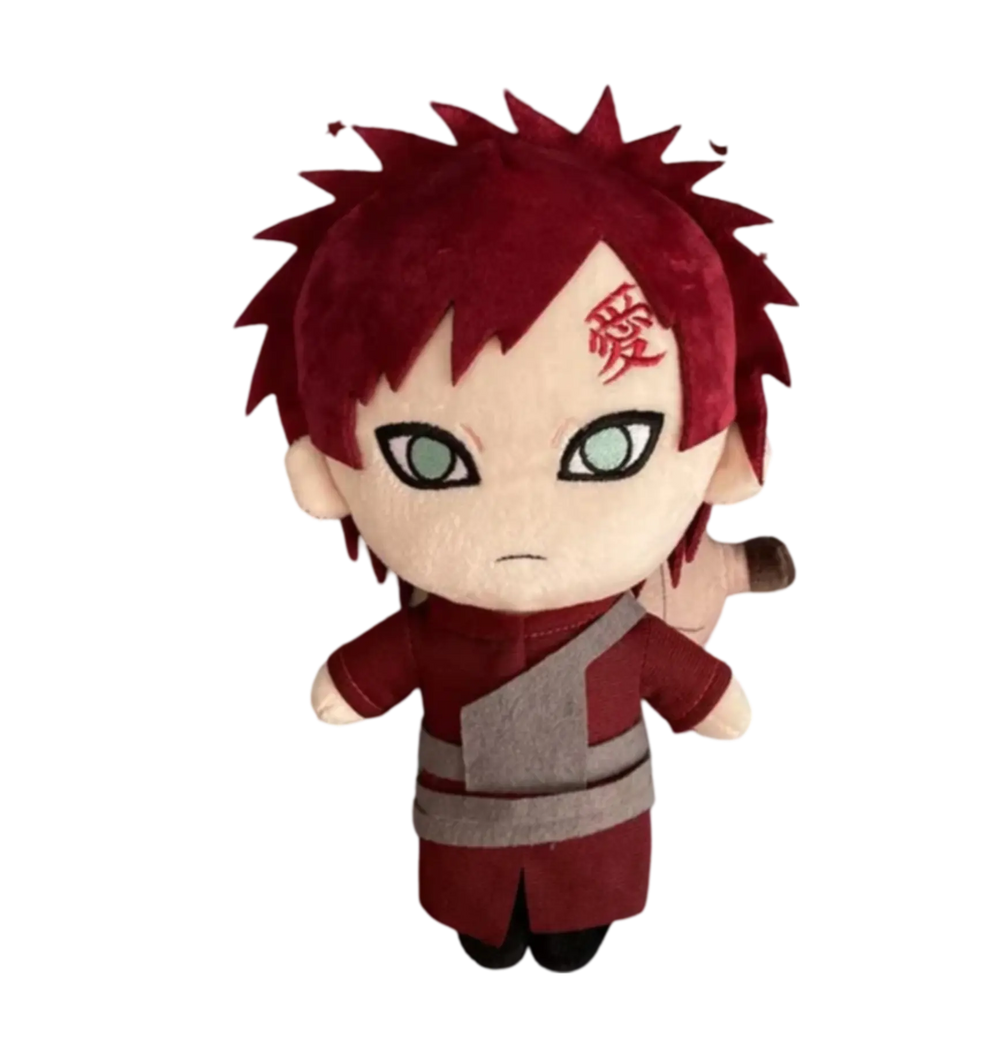 Peluche chibi Gaara Naruto 20 cm, cheveux roux, kanji rouge brodé, écharpe grise