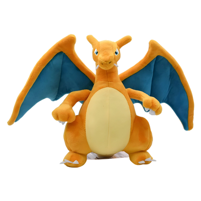 Peluche Pokémon Dracaufeu orange et bleu, ailes tissu doux, ventre jaune, 20 cm