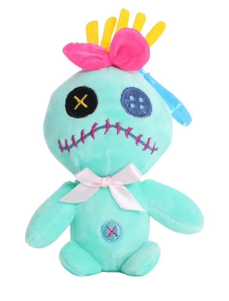Peluche Lilo & Stitch Souillon turquoise visage cousu yeux boutons nœud rose