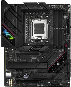 Carte mère noire ASUS ROG Strix B650E-F Gaming WiFi avec RGB et socket CPU argenté