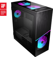Boîtier MSI MPG SEKIRA 500X BLACK en métal brossé noir avec 4 ventilateurs RGB violets, bleus et teal