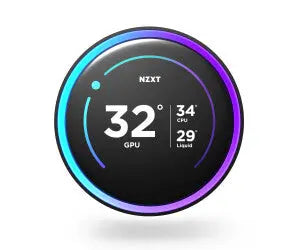 Écran circulaire NZXT Kraken Elite RGB 360 Noir avec anneau bleu-violet luminescent affichant température et stats GPU