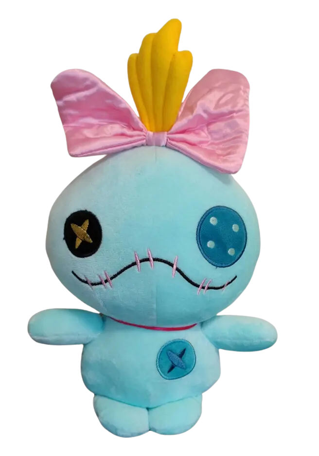 Peluche Lilo & Stitch Souillon bleue clair ruban rose plume jaune