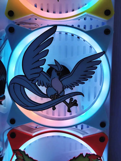 Silhouette bleue et grise d’Artikodin Pokémon sur panneau acrylique lumineux circulaire