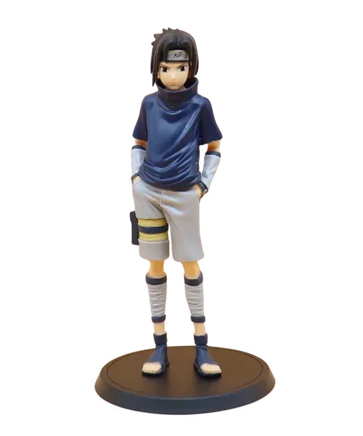 Figurine Naruto Sasuke Uchiha bleu et gris, pose debout sur socle circulaire
