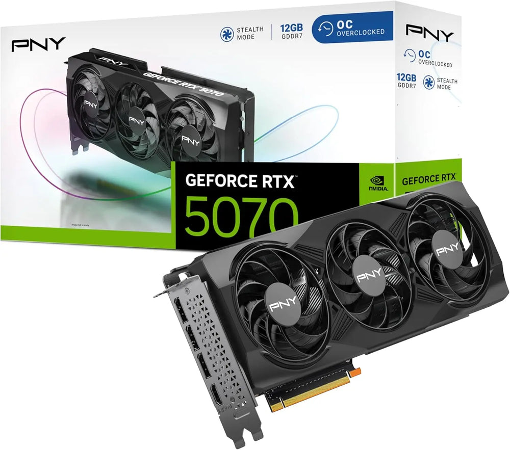 Carte graphique PNY GeForce RTX 5070 12GB OC noire à trois ventilateurs