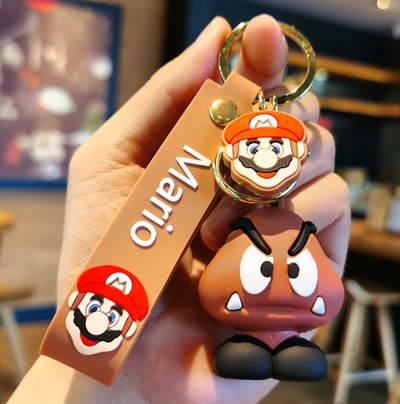 Porte-clés Mario Goomba en silicone marron avec Mario 3D et Goomba