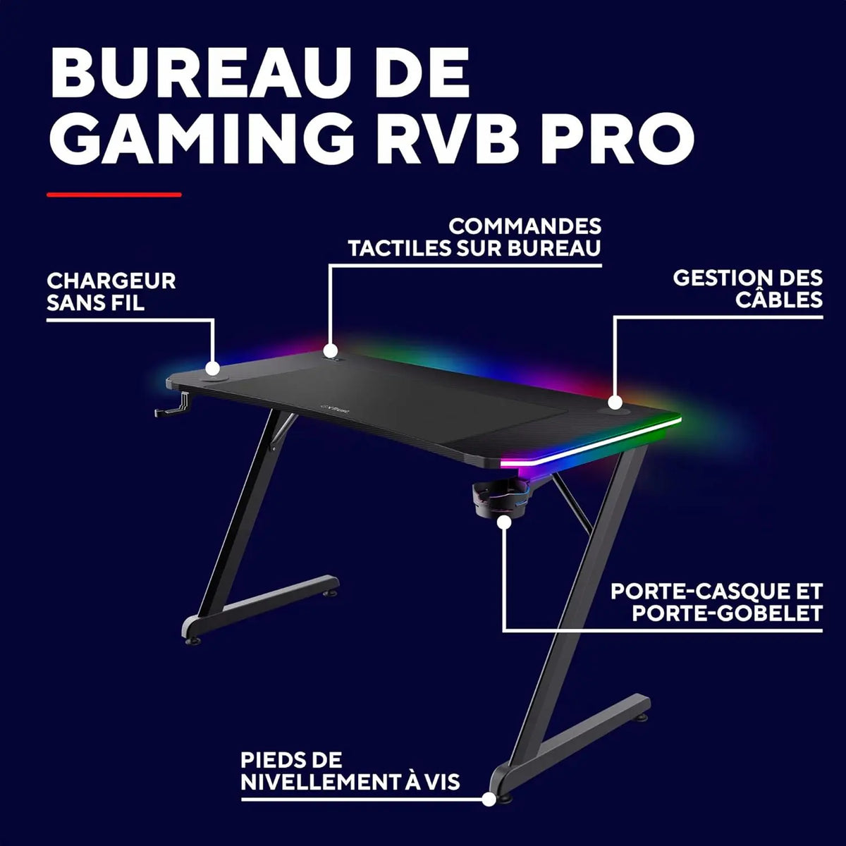 Bureau Gamer Trust GXT 709 Luminus 120 x 60 cm RGB Noir