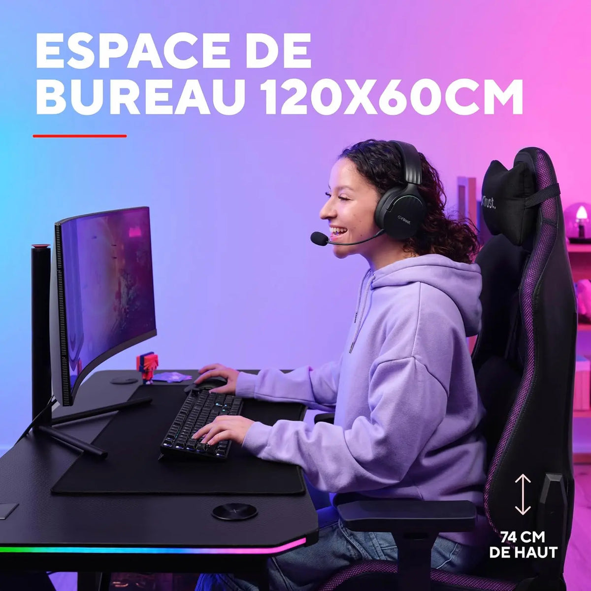 Bureau Gamer Trust GXT 709 Luminus 120 x 60 cm RGB Noir