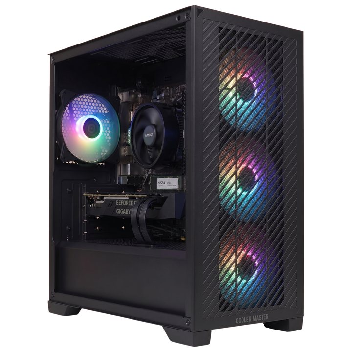 PC Gamer Cooler Master Elite 301 Lite Noir avec RTX 5060 et Ryzen 5 5500, 3 ventilateurs ARGB et panneau en verre trempé