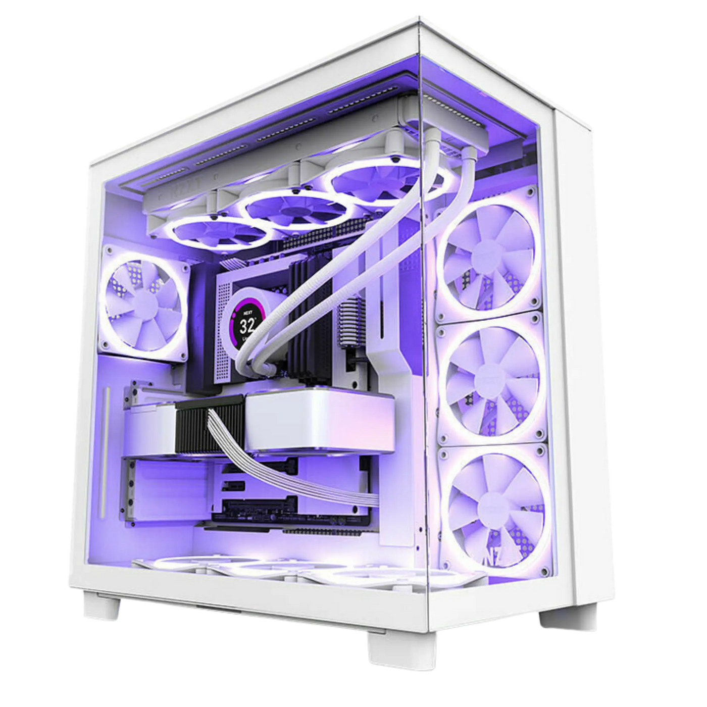 Boîtier PC NZXT H9 Flow blanc transparent avec LED violettes et ventilateurs