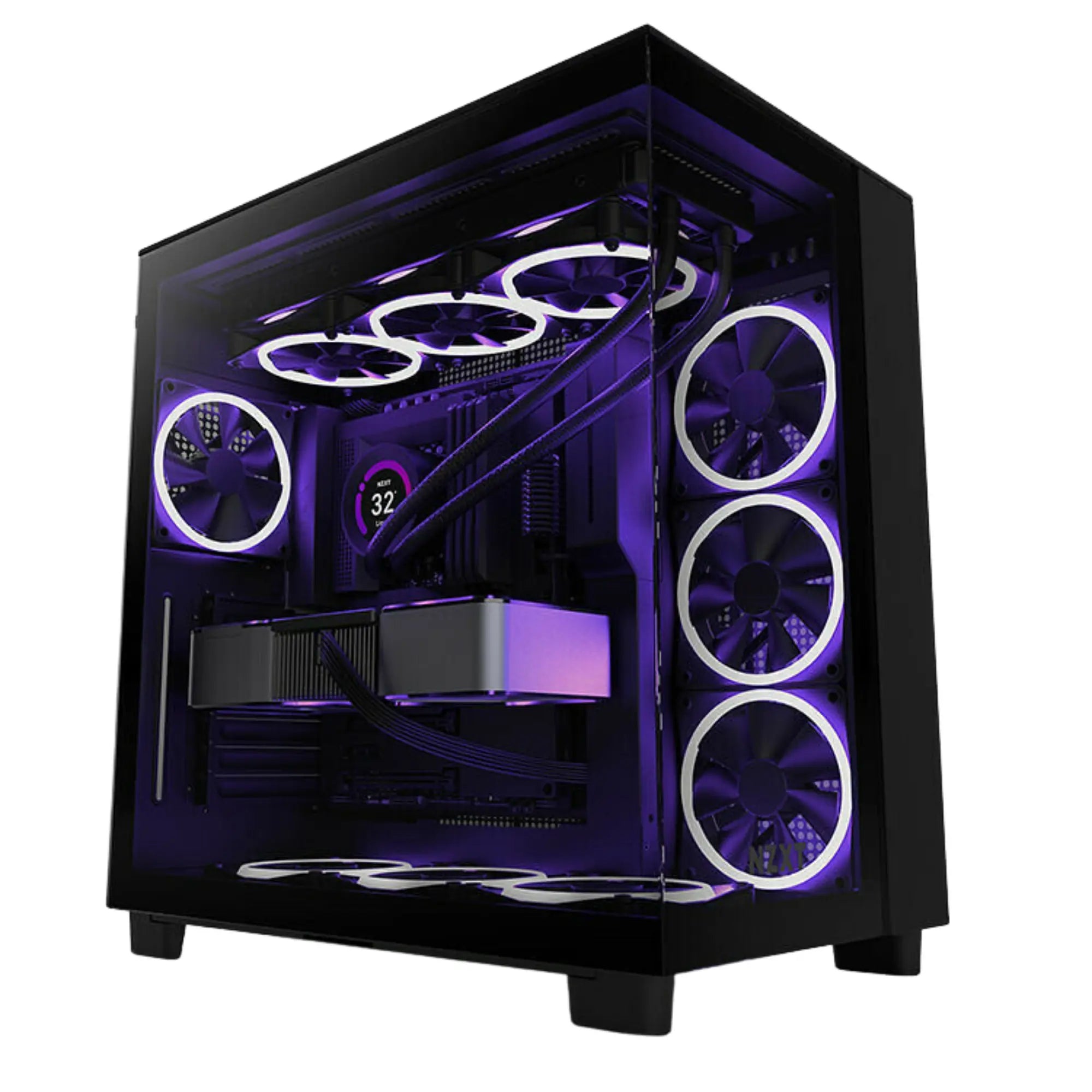 NZXT H9 Flow Noir PC gamer avec panneau transparent, LED violettes et ventilateurs blancs Image