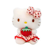 Peluche Hello Kitty 30 cm en robe rose à fraises tenant une fraise rouge