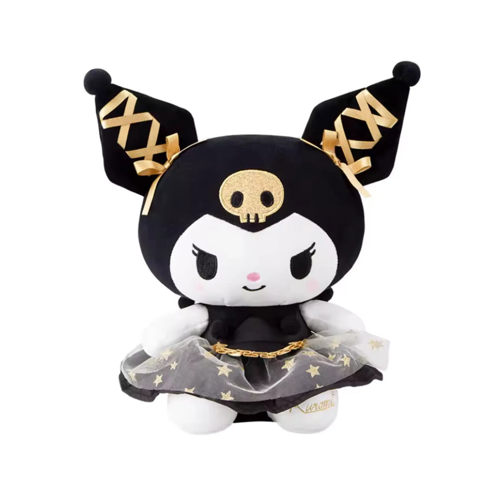 Peluche Kuromi Hello Kitty 60 cm noire et or avec crâne et robe étoilée
