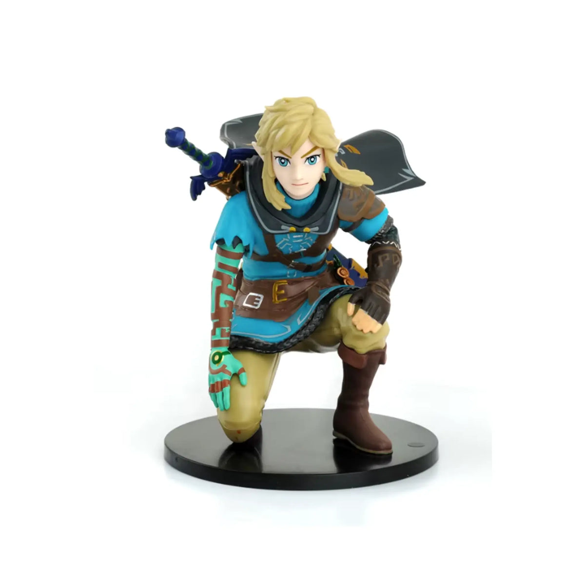 Figurine Link Zelda Légende 10 cm bleu marron genouillée socle noir